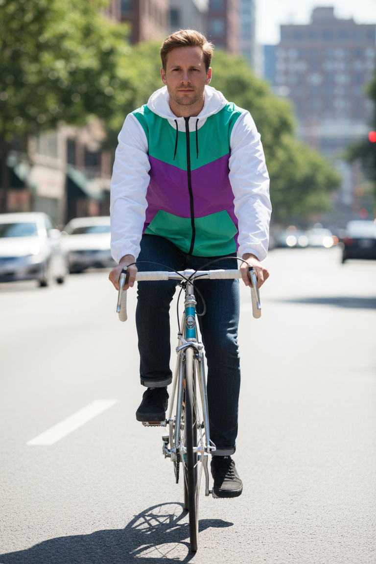 Retro Pink & Green Windbreaker worn by man riding bicycle in city