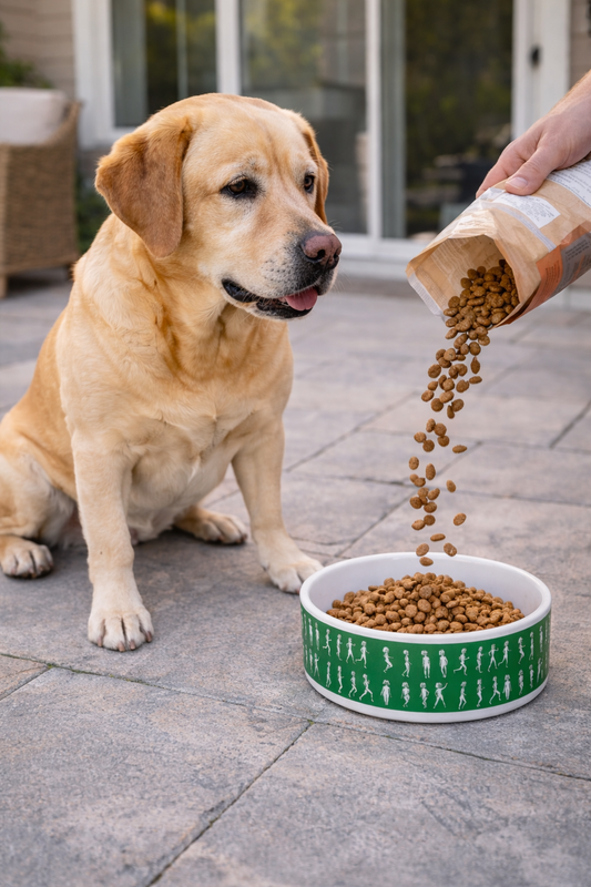 Dog being fed from a green bowl with pet food being poured from a bag.