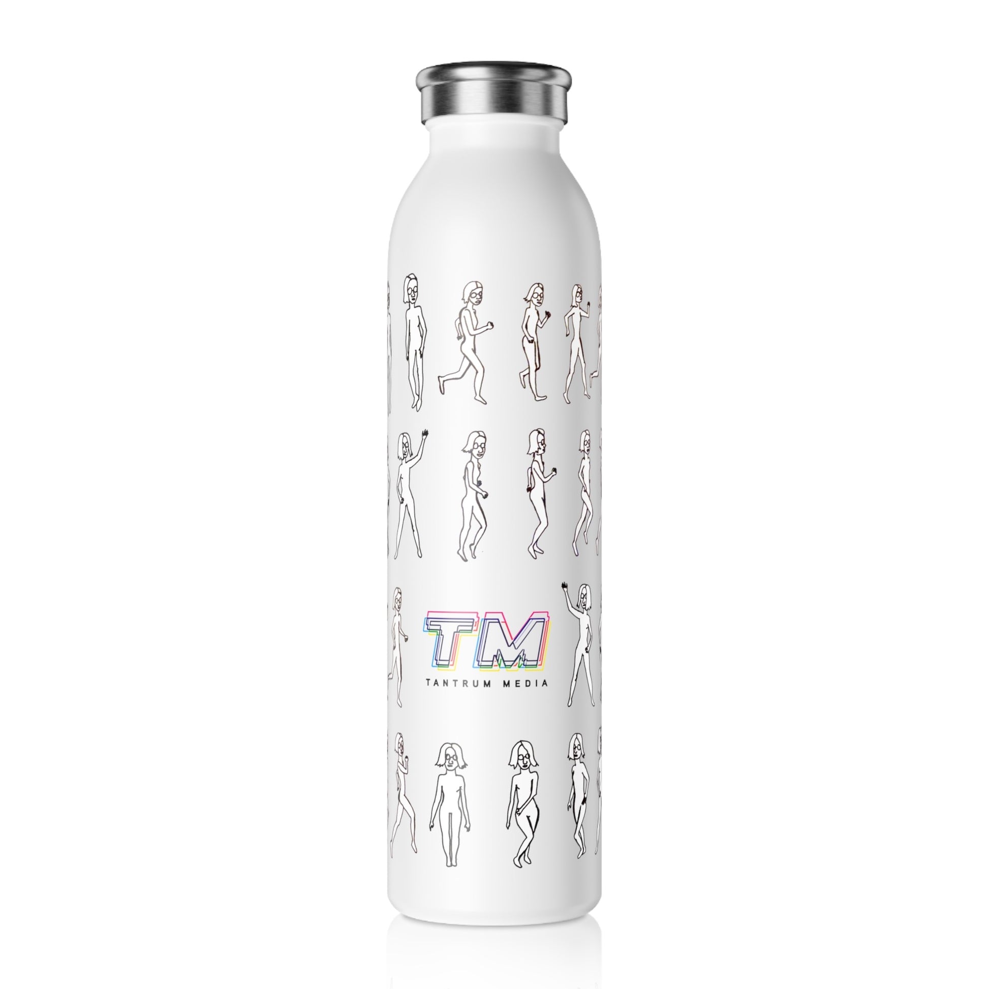 Running Out Water Bottle with artsy logo design standing upright on white background