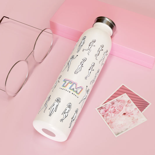 Running Out Water Bottle with artsy logo design on a pink background with glasses and notebook