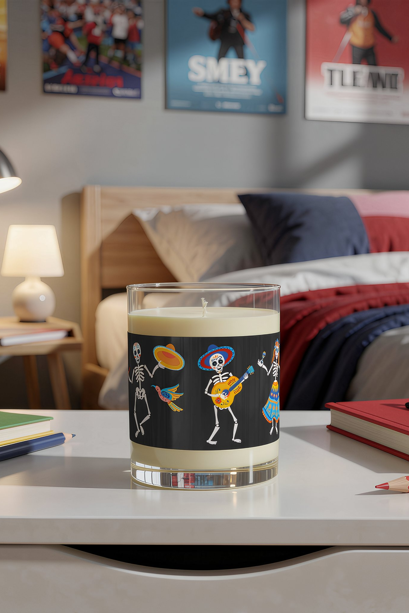 Dancing Skeletons Sage Lavender Candle on bedroom desk with warm lighting