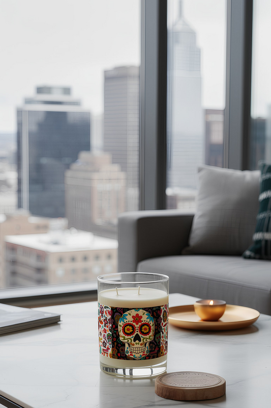 Day of the Dead skull candle on modern city window ledge