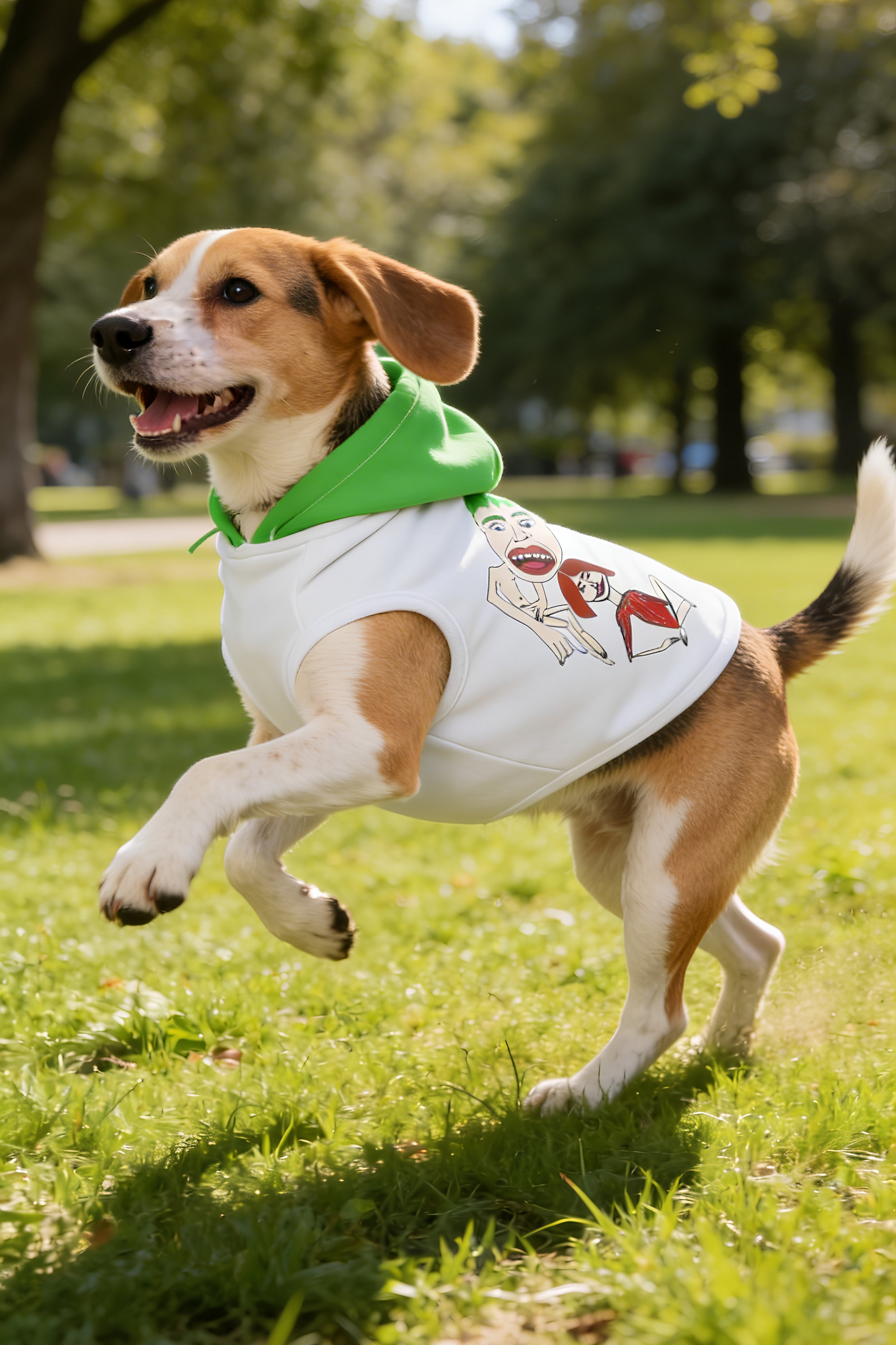Dog running outdoors wearing white pet hoodie with green hood and scramble graphic