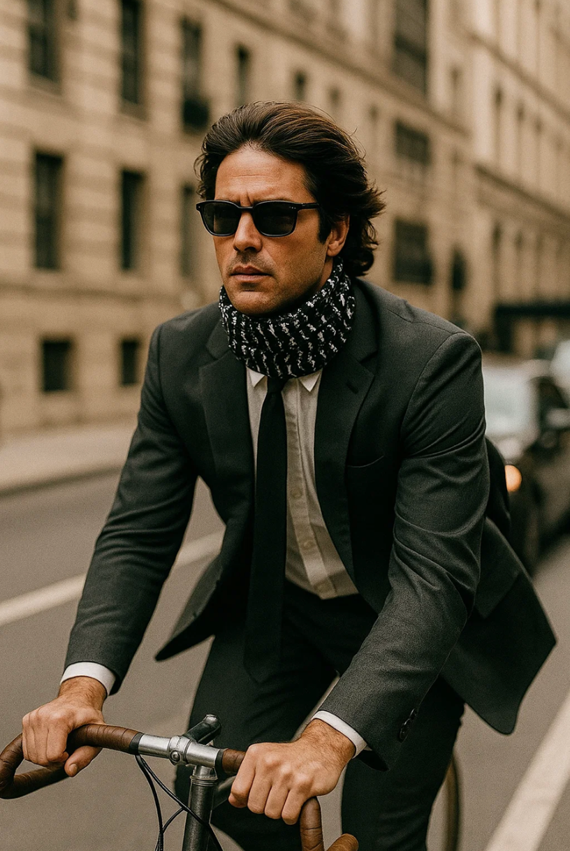 Person riding a bicycle through a city street, wearing a dark suit, sunglasses, and a black scarf with a white pattern, with buildings and traffic blurred in the background.