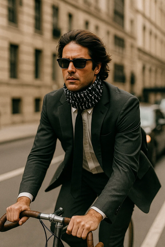 Person riding a bicycle through a city street, wearing a dark suit, sunglasses, and a black scarf with a white pattern, with buildings and traffic blurred in the background.