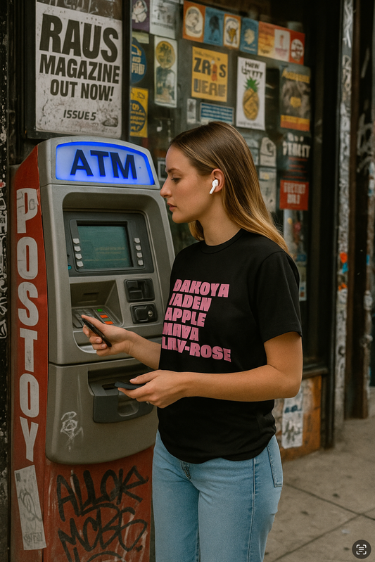 Person standing at an outdoor ATM on a city sidewalk, holding a card and phone, wearing a black graphic T-shirt with bold pink text and light blue jeans, urban posters and stickers behind them.
