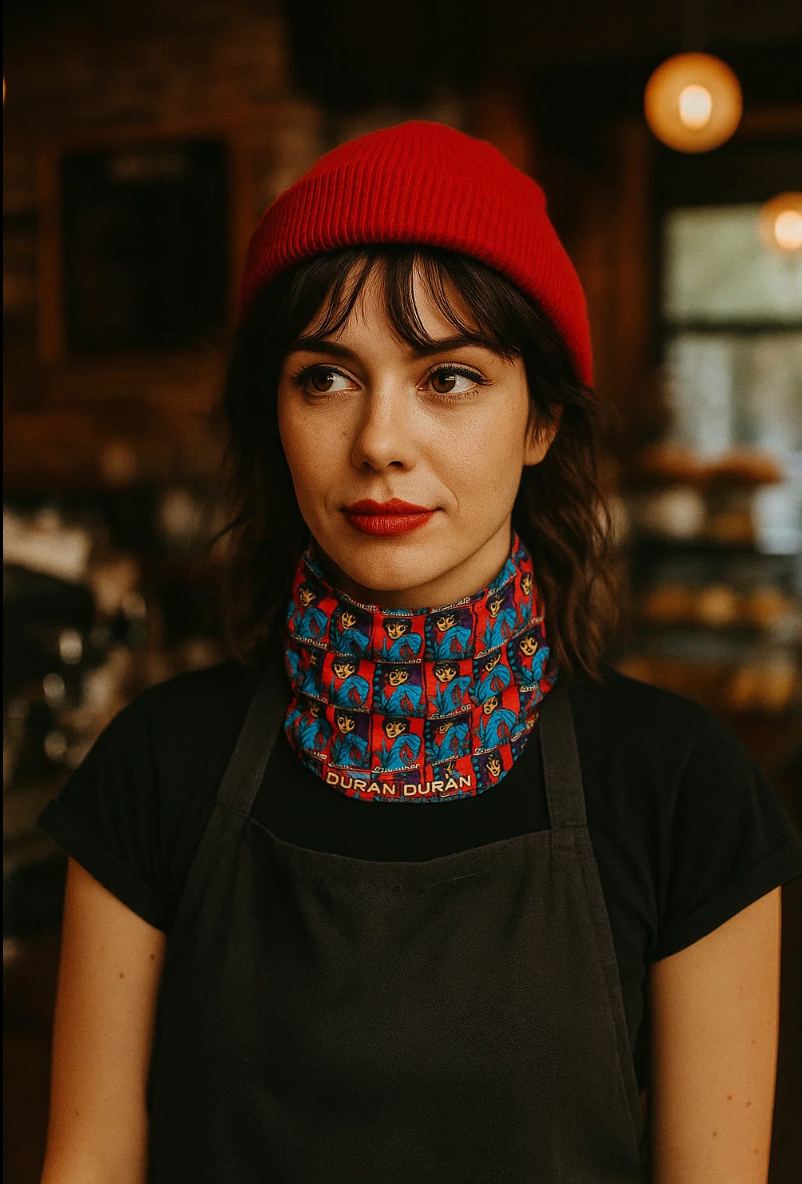 Person wearing a red beanie and Duran Duran neck gaiter, standing behind a café counter with warm lighting in the background.