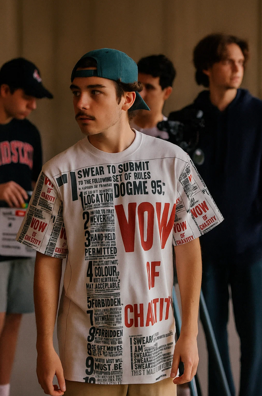 Man wearing a graphic white T-shirt with bold text and a teal cap, standing indoors with a group of people in the background.