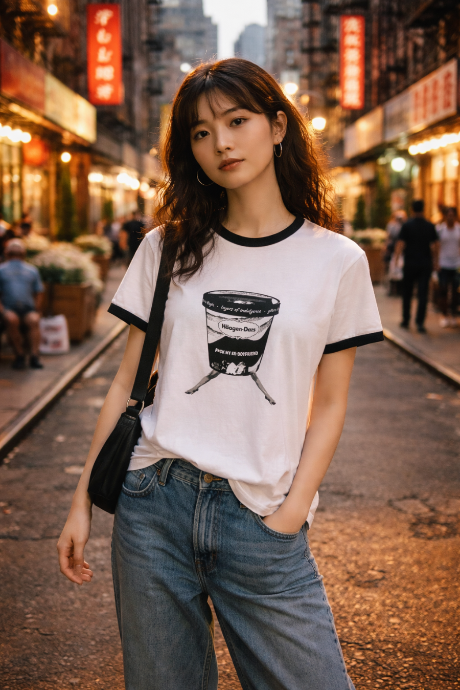 Ex-Boyfriend Ringer T-Shirt worn by woman standing on city street at night