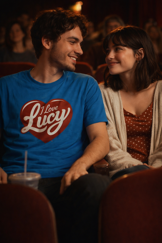 Couple sitting in a movie theater smiling at each other, man wearing a blue I Love Lucy heart graphic t shirt, casual date night vibe
