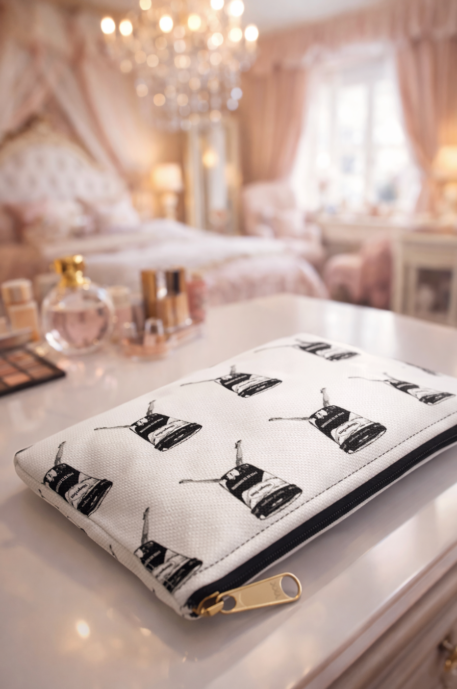 Ex-Boyfriend Makeup Pouch on vanity table in bedroom with soft lighting