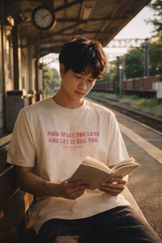 A young male sitting on a train platform reading a book while wearing a T shirt with a Bukowski quote.