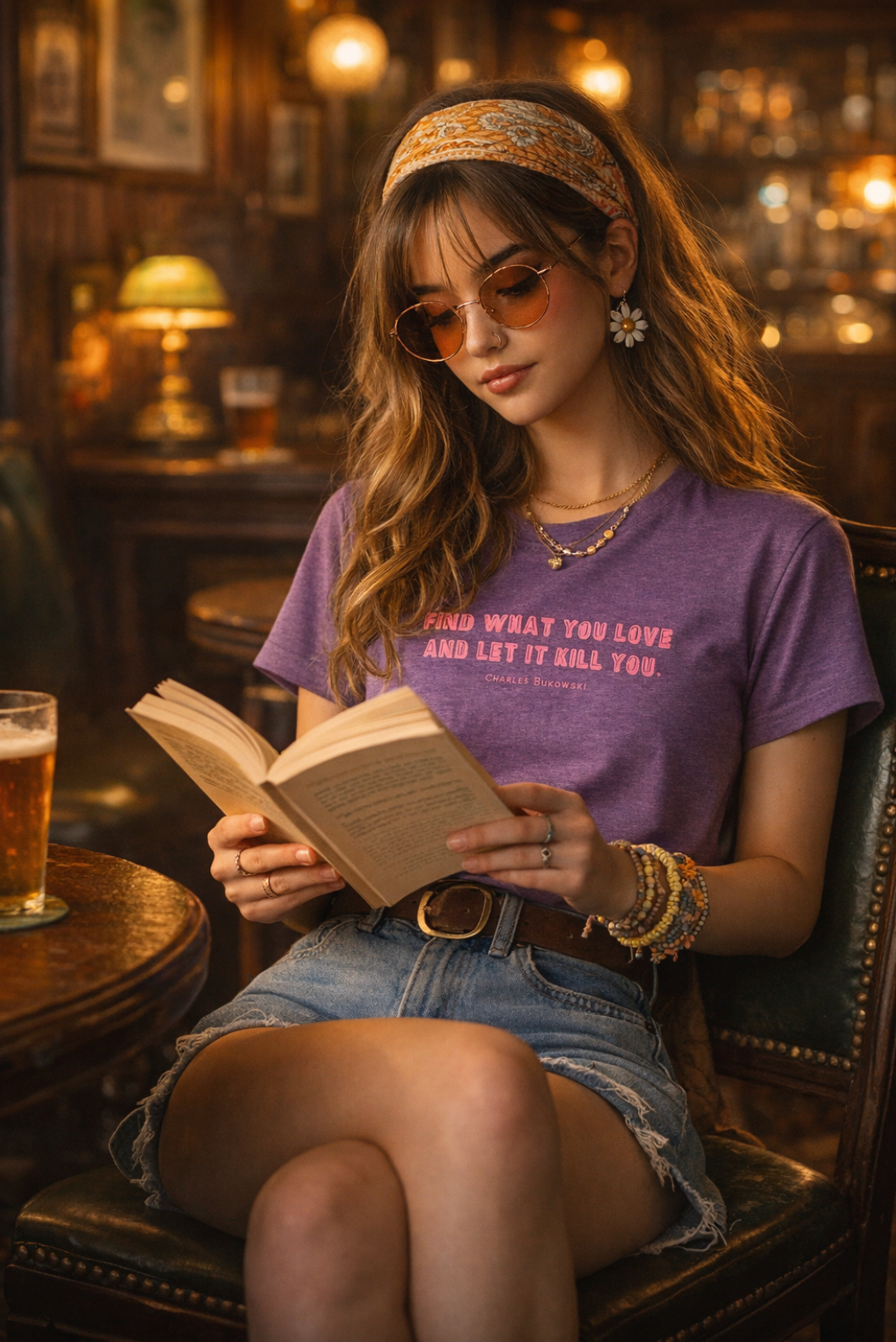 A woman reading a book in a cozy bar while wearing a purple T shirt with a Bukowski quote.
