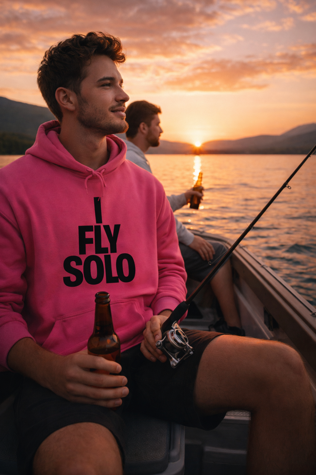 A man sitting in a small boat at sunset holding a fishing rod and a drink while wearing a pink hoodie that says “I Fly Solo,” with another person in the background on the water.