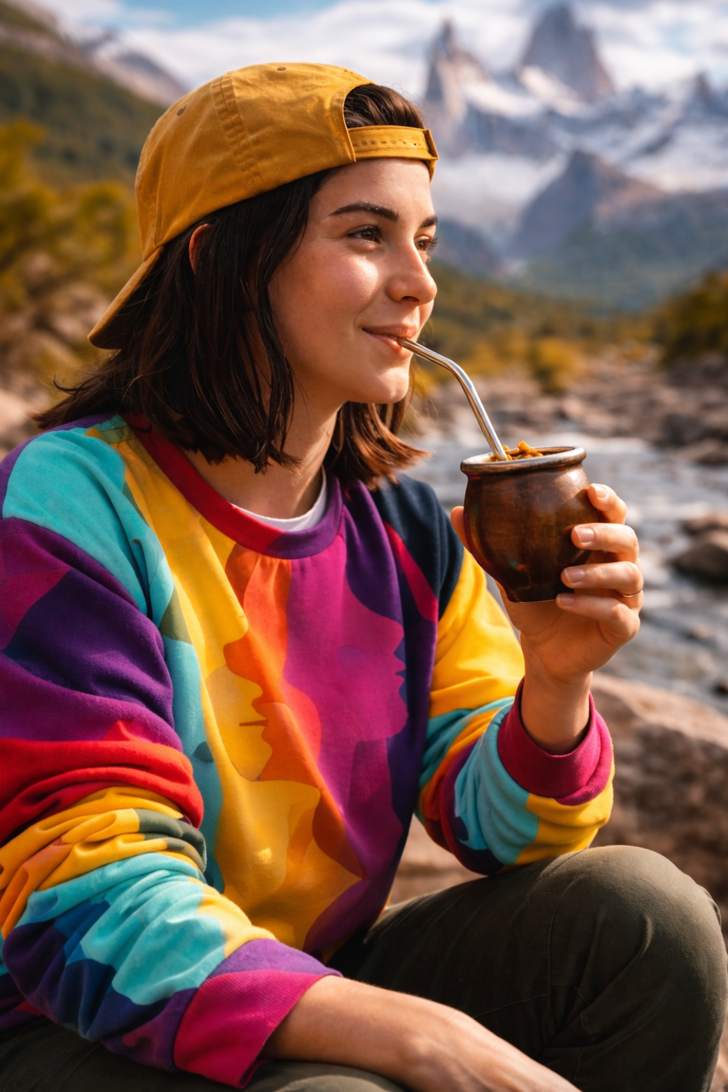 Déjà Vu Abstract Art Sweatshirt worn outdoors in colorful lifestyle scene