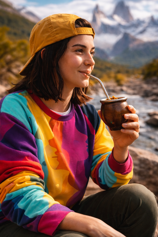Déjà Vu Abstract Art Sweatshirt worn outdoors in colorful lifestyle scene