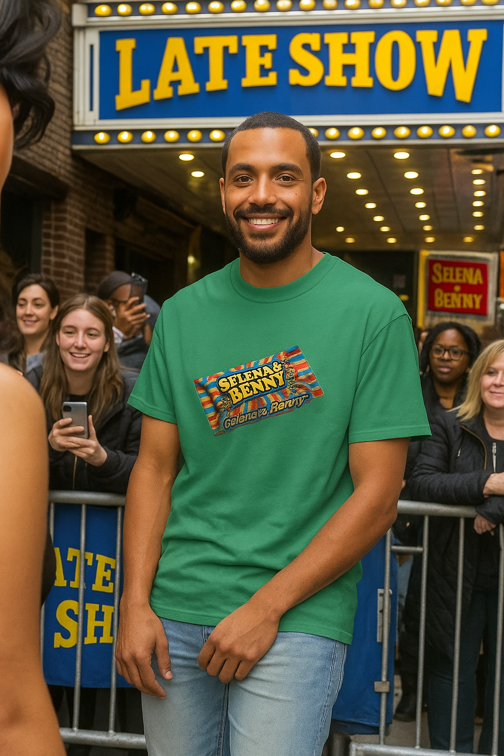 Male model wearing green Selena & Benny tee outside venue setting