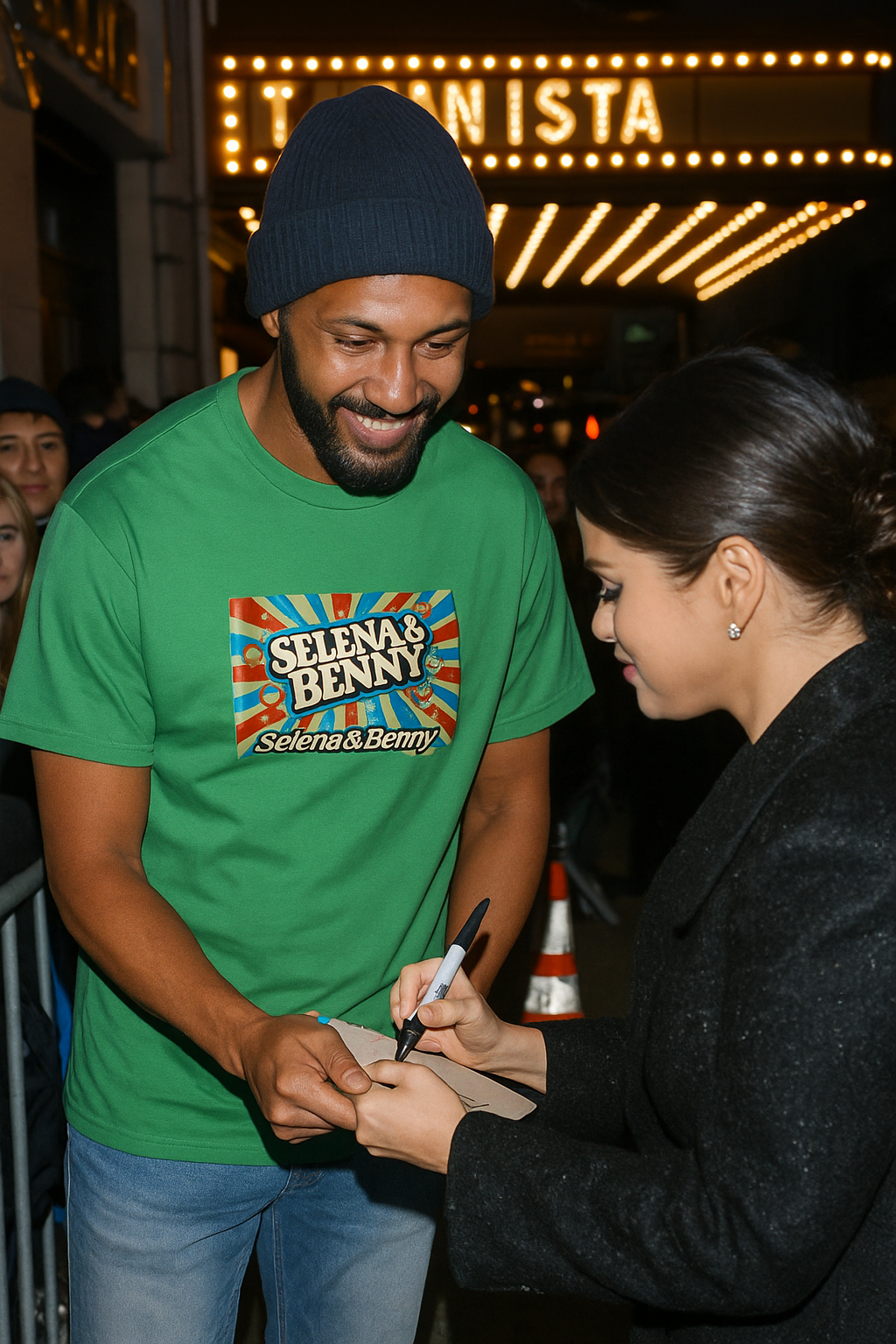 Close moment lifestyle shot wearing green Selena & Benny t-shirt