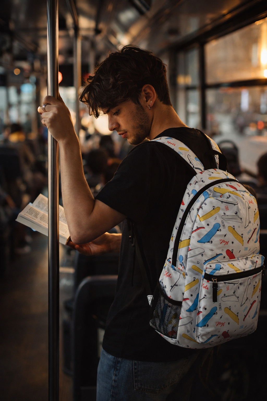 man wearing skater backpack in subway - streetwear everyday travel backpack