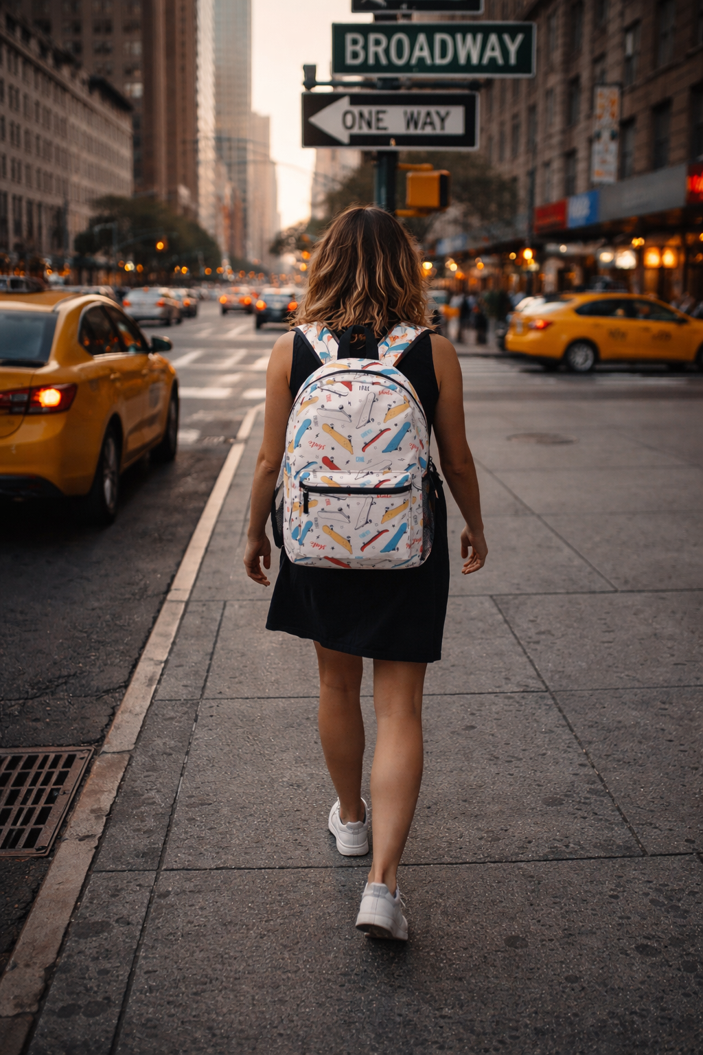 person walking in city with skater backpack - urban travel streetwear backpack