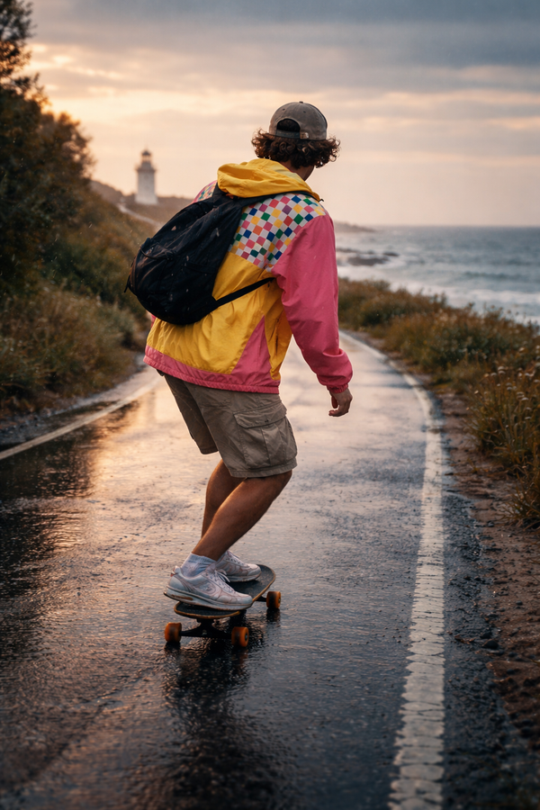 skater wearing retro color block windbreaker riding skateboard on coastal road - streetwear skate jacket