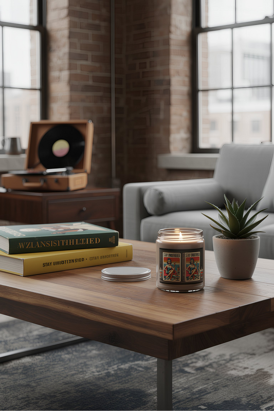 Stay Unbothered Candles Fresh Balsam on a coffee table in a cozy modern living room with books and a record player
