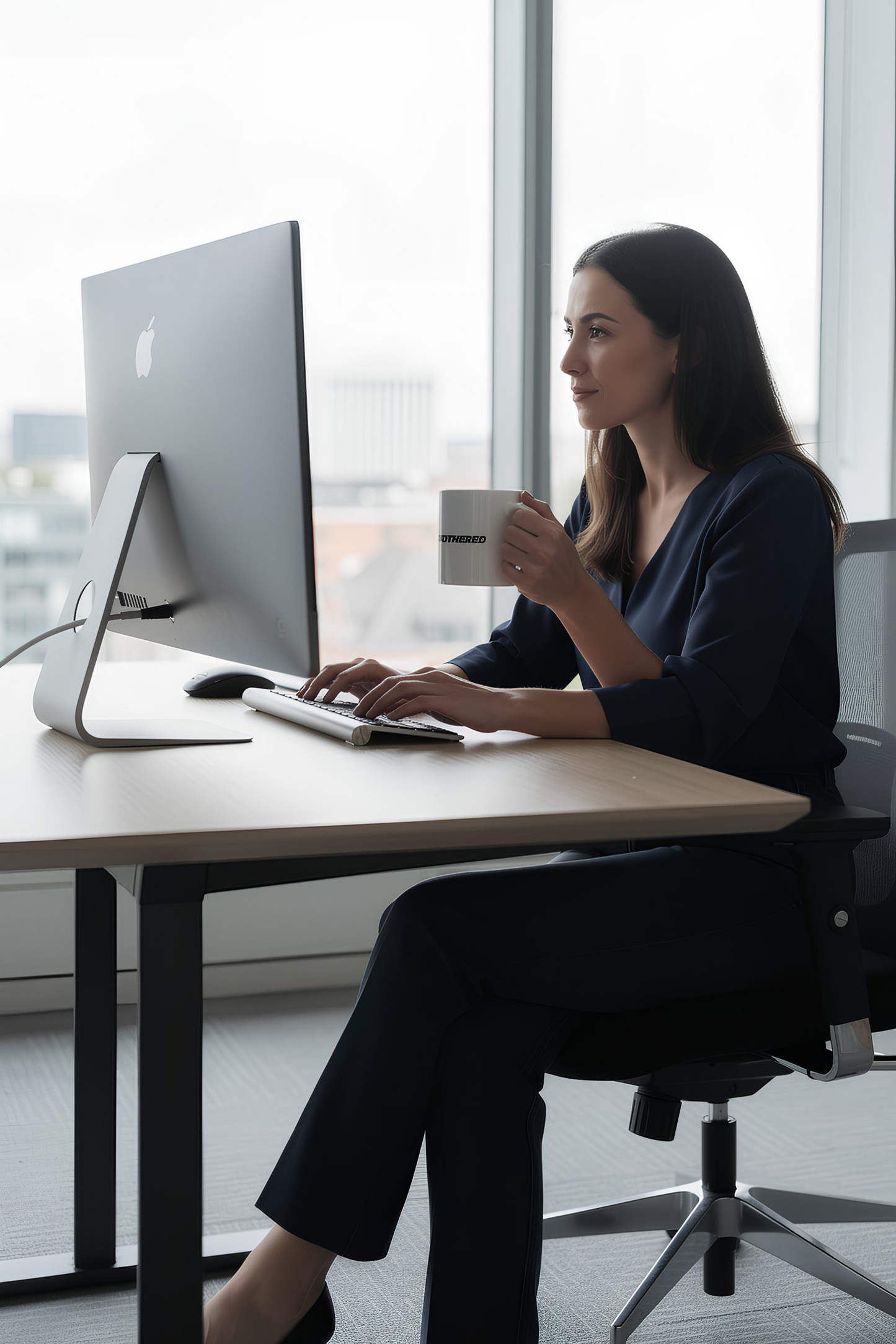 Woman working at desk holding white Stay Unbothered coffee mug