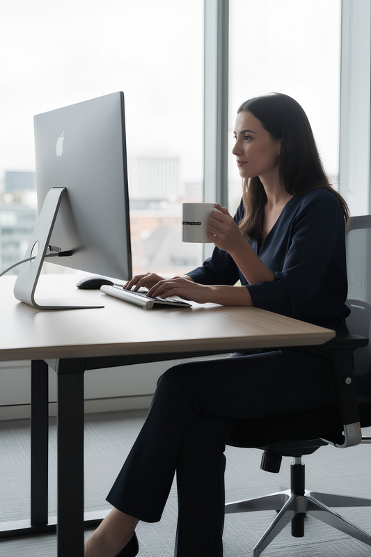 Woman working at desk holding white Stay Unbothered coffee mug