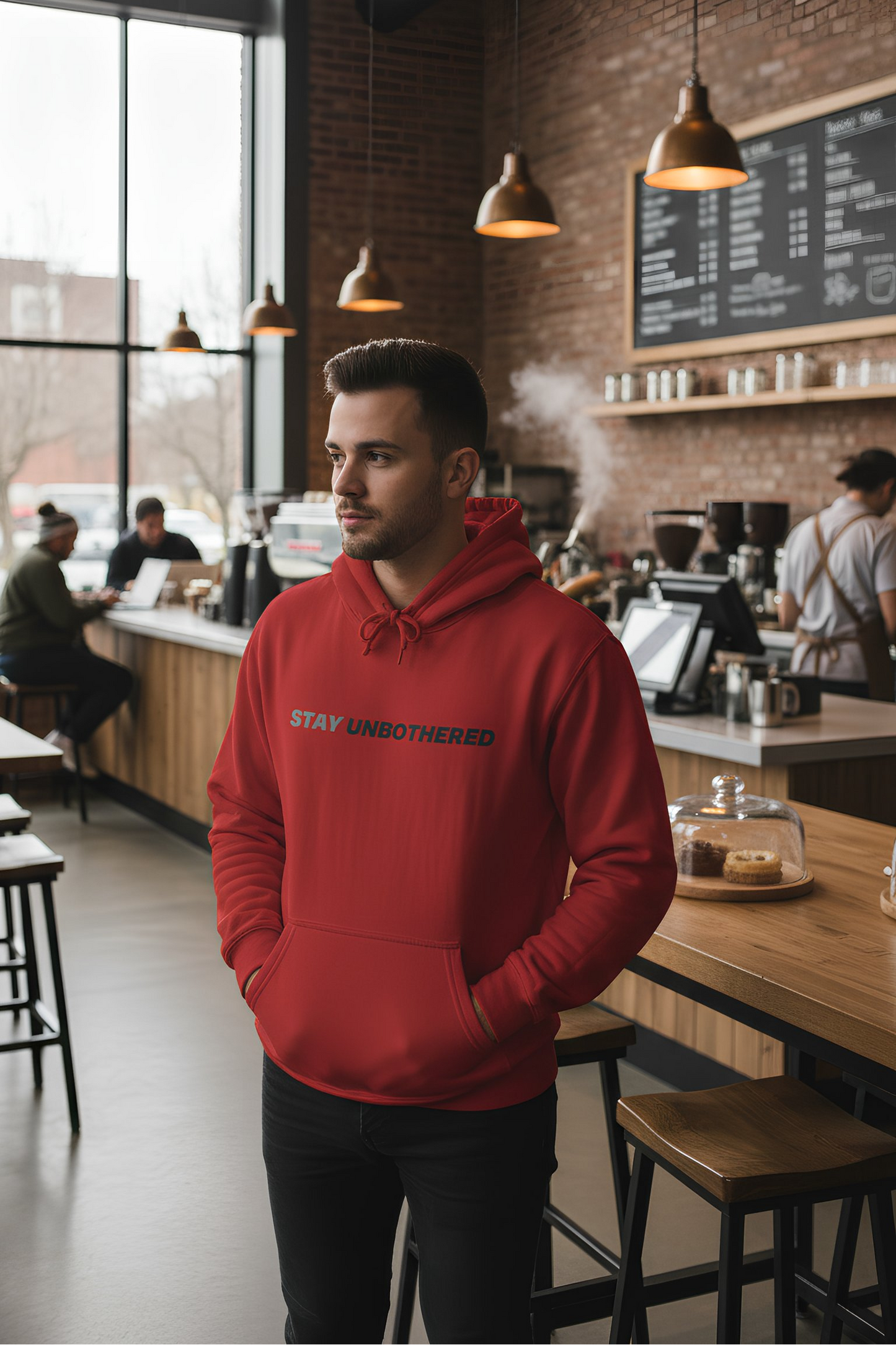 Man wearing red Stay Unbothered hoodie inside café