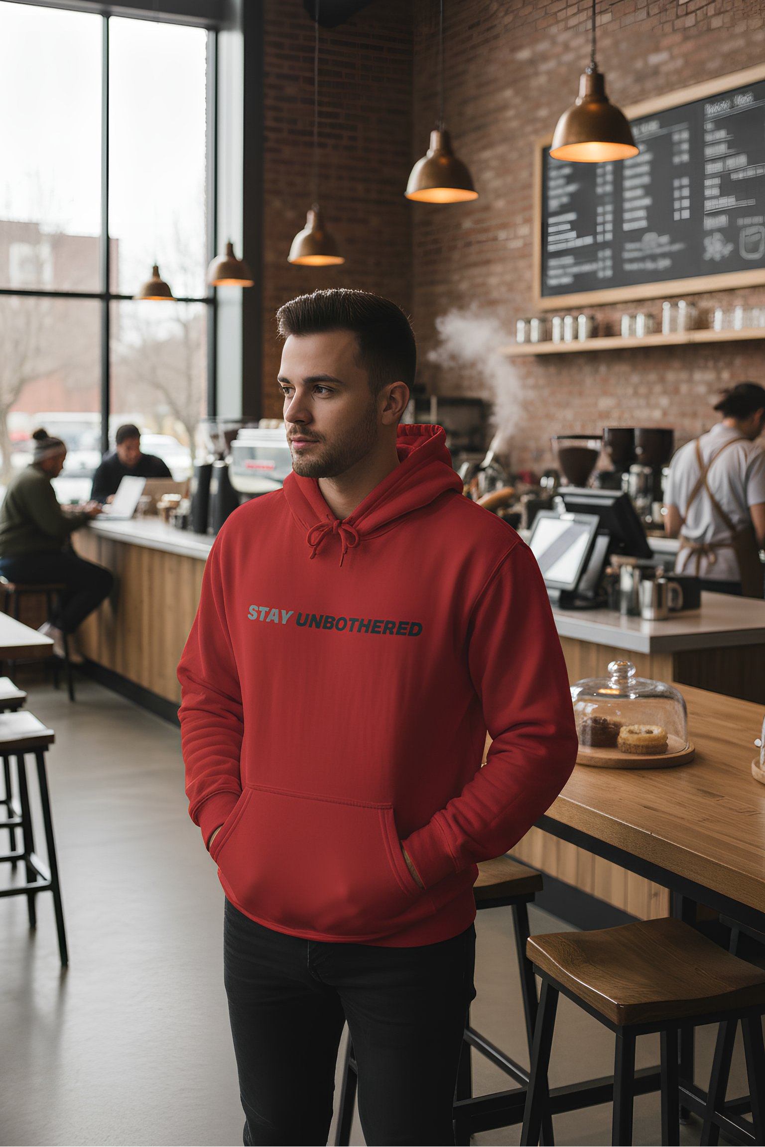 Man wearing red Stay Unbothered hoodie inside café