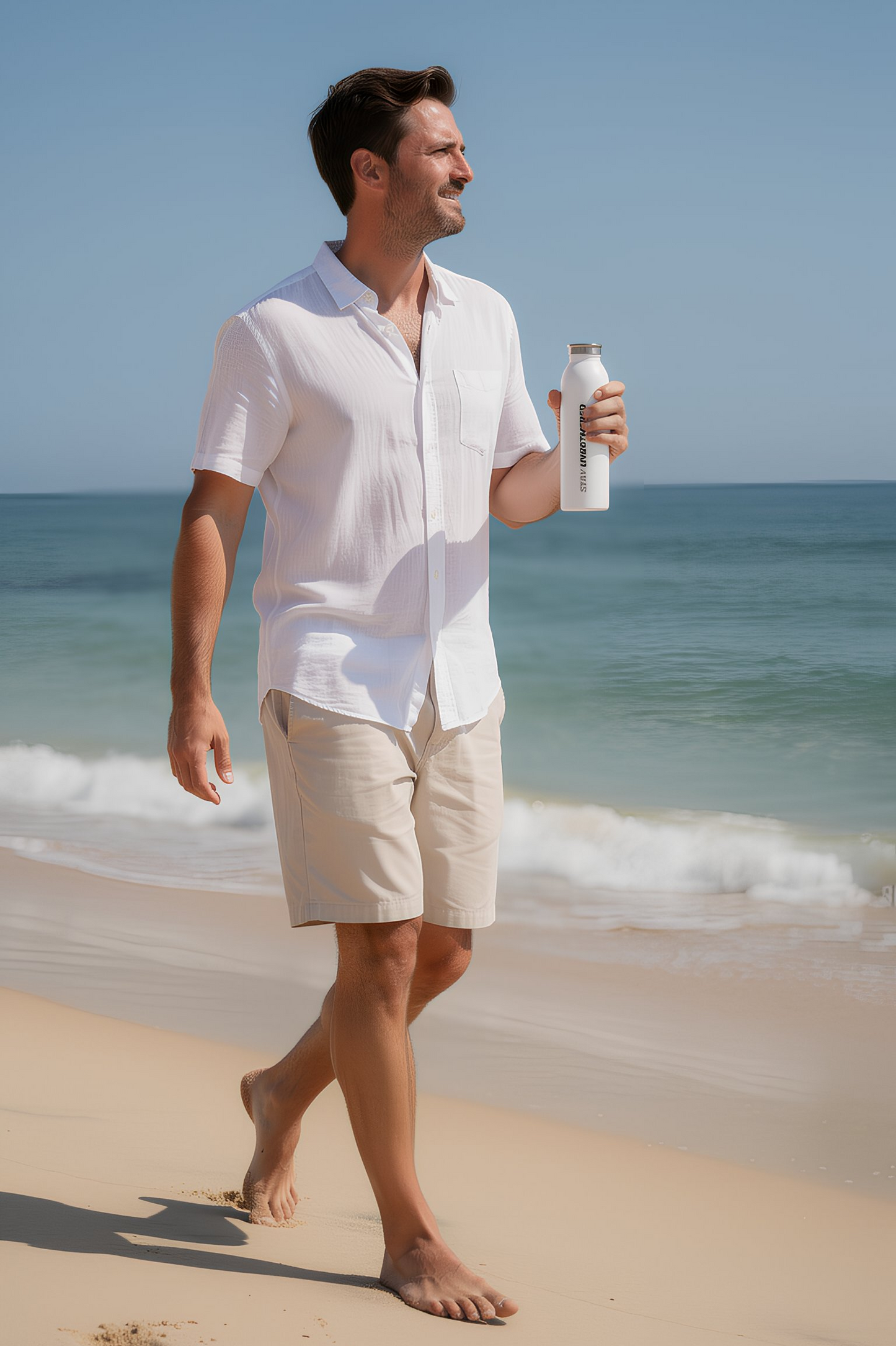Man walking on beach holding Stay Unbothered bottle