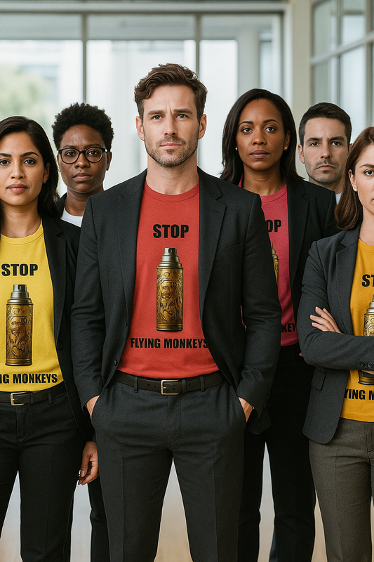 Group of coworkers wearing Stop Flying Monkeys t-shirt in Heather Red in an office setting