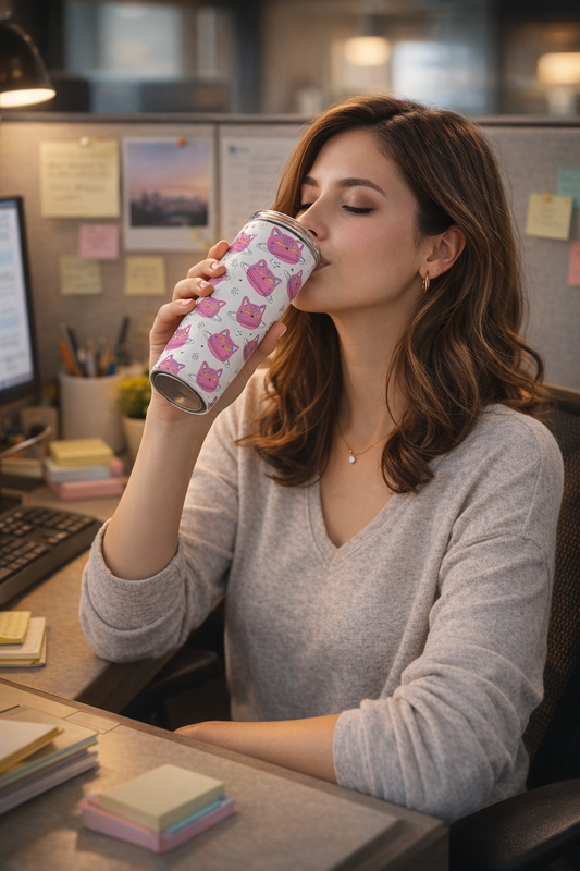 Stray Cat Stainless Steel Tumbler 20oz insulated reusable travel cup with colorful stray cat artwork held by woman