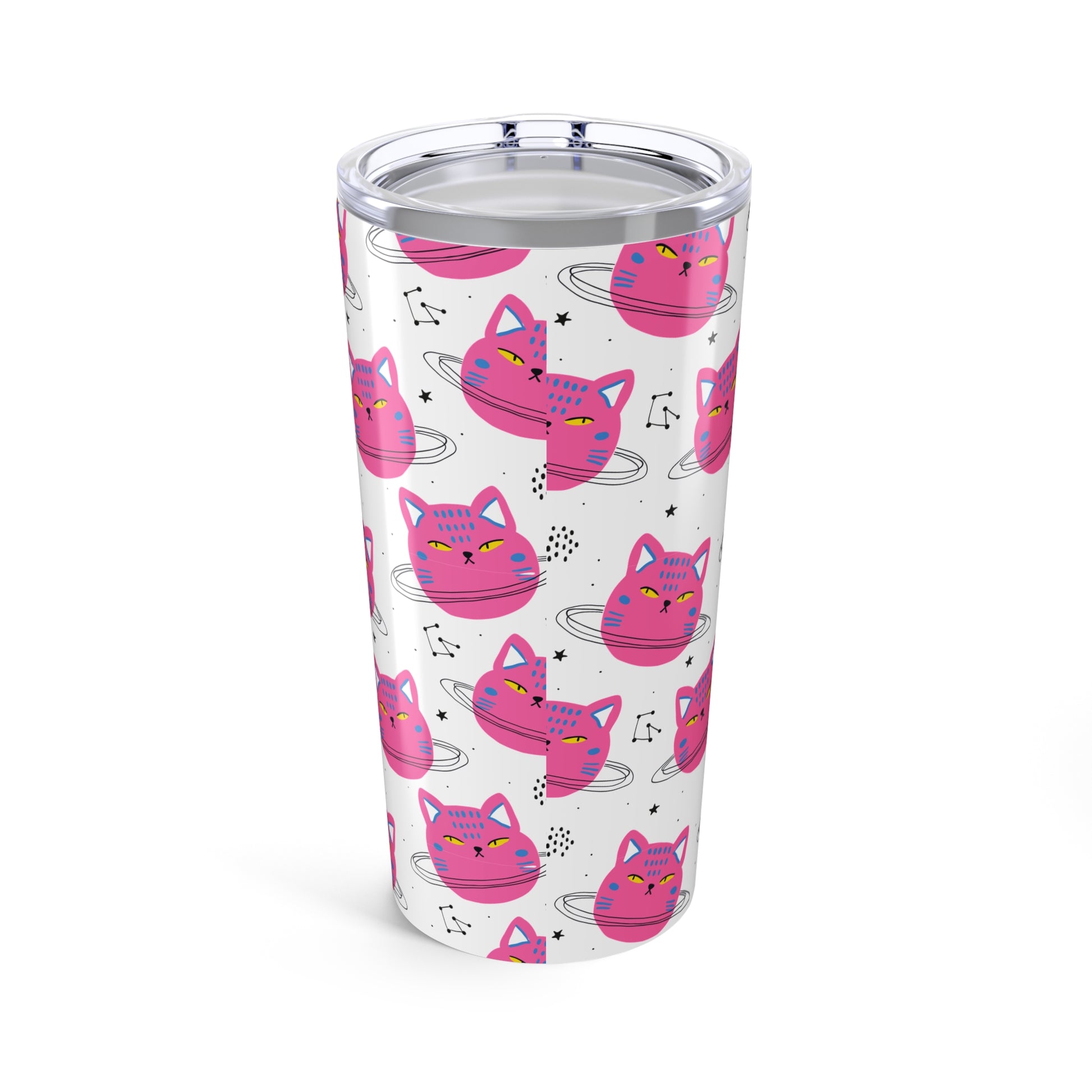 Tumbler with pink cat pattern on a white background