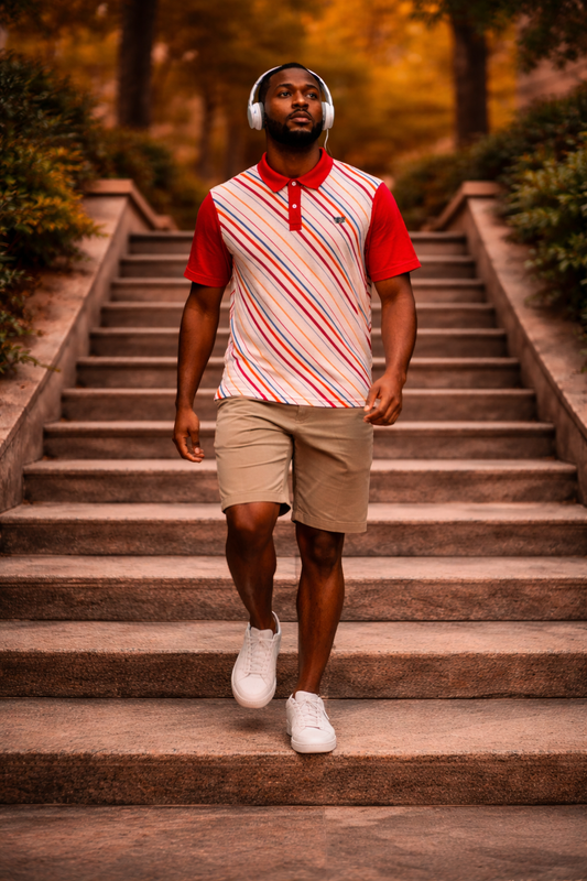 man wearing colored lines striped polo shirt walking outdoors - casual summer golf style
