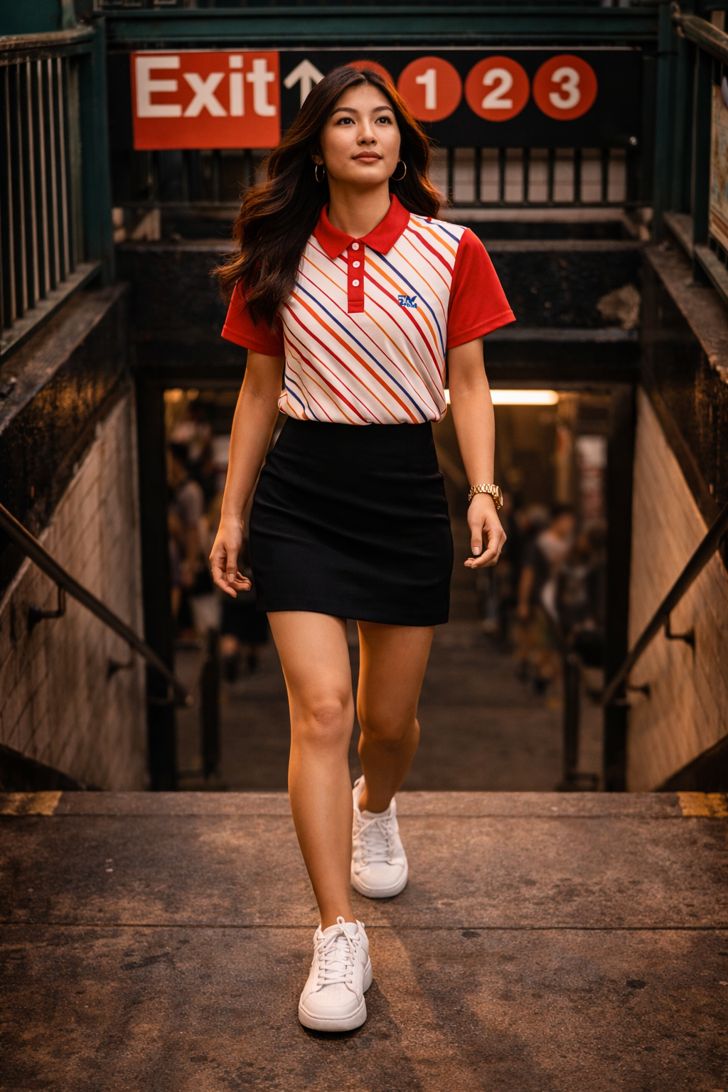 woman wearing striped polo shirt walking in city - casual sporty outfit