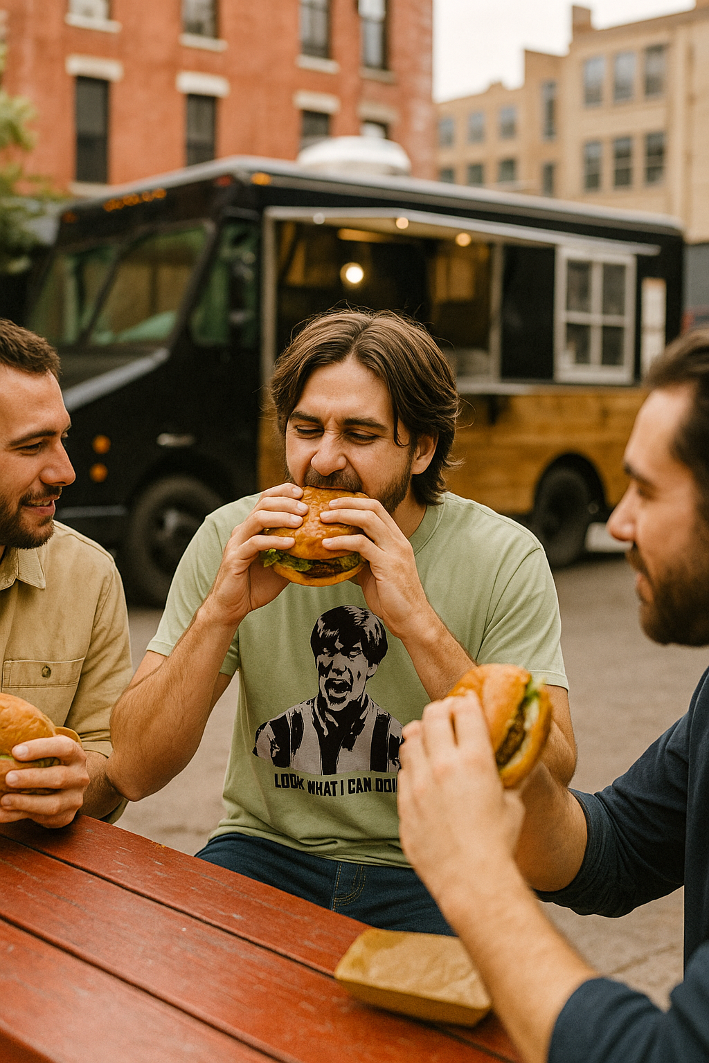 Three men enjoying burgers outdoors with a food truck in the background