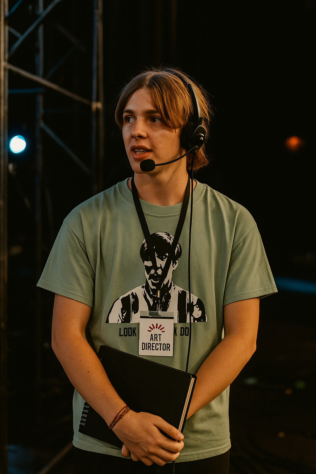 Person wearing a headset and holding a microphone with a dark background