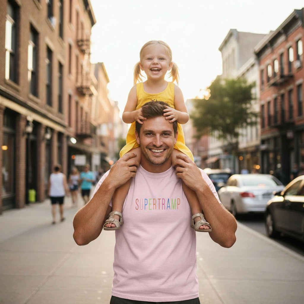 Man carrying a child on his shoulders in an urban setting, he is wearing a light pink 'Supertramp' band t-shirt