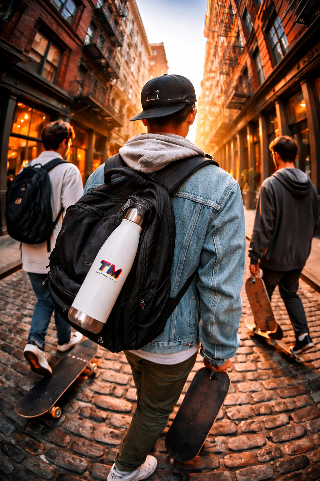 Tantrum Media logo copper insulated water bottle 20oz stainless steel vacuum travel bottle attached to backpack
