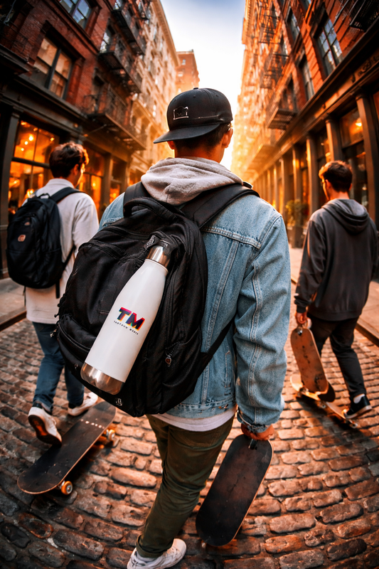 Tantrum Media logo copper insulated water bottle 20oz stainless steel vacuum travel bottle attached to backpack