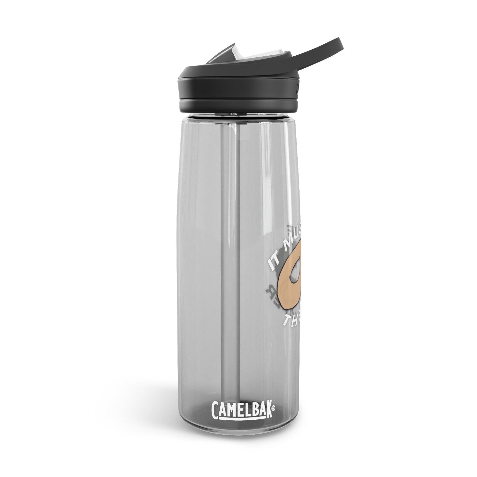 It Must Be The Water Bottle 25oz reusable BPA-free water bottle with bagel humor design side view