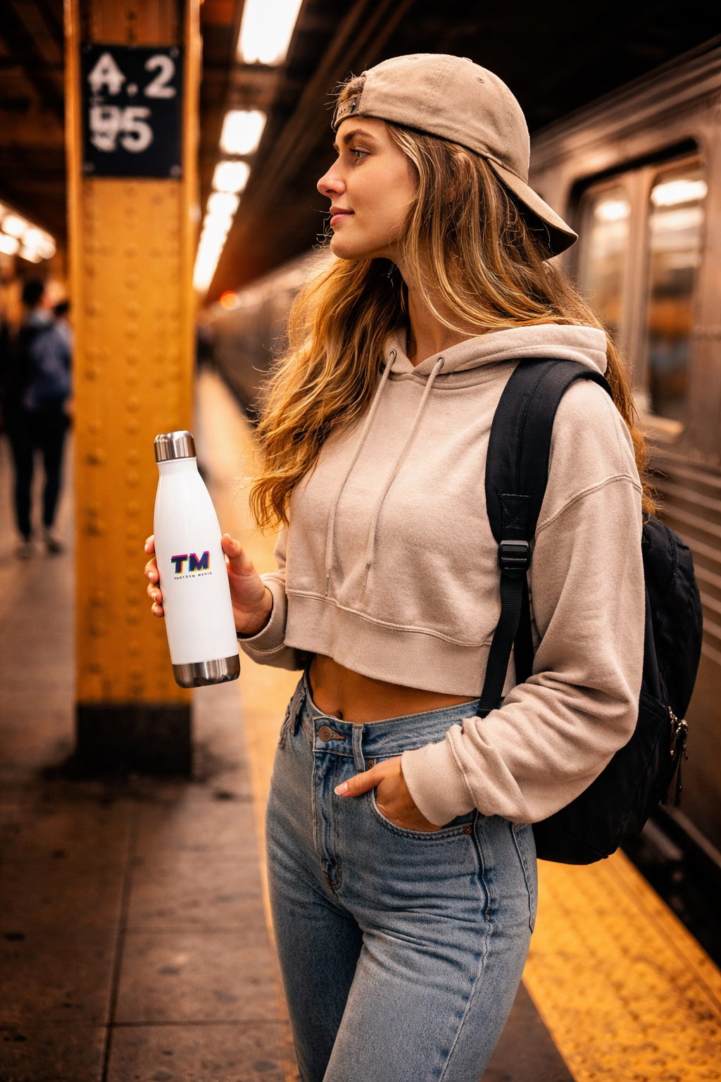 Tantrum Media copper insulated water bottle 20oz reusable stainless steel travel bottle carried by woman