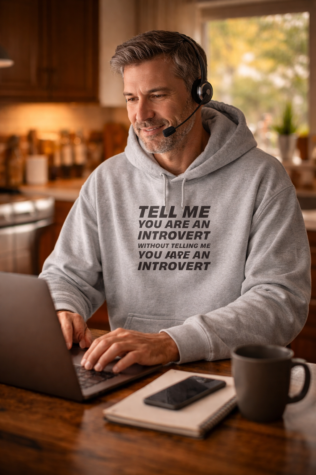 gray introvert hoodie man working on laptop at home