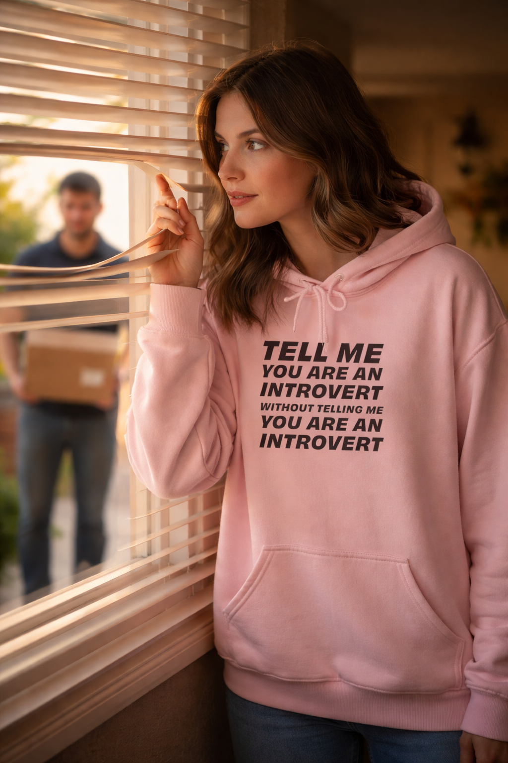 Woman in pink introvert hoodie looking through window blinds with person outside in background