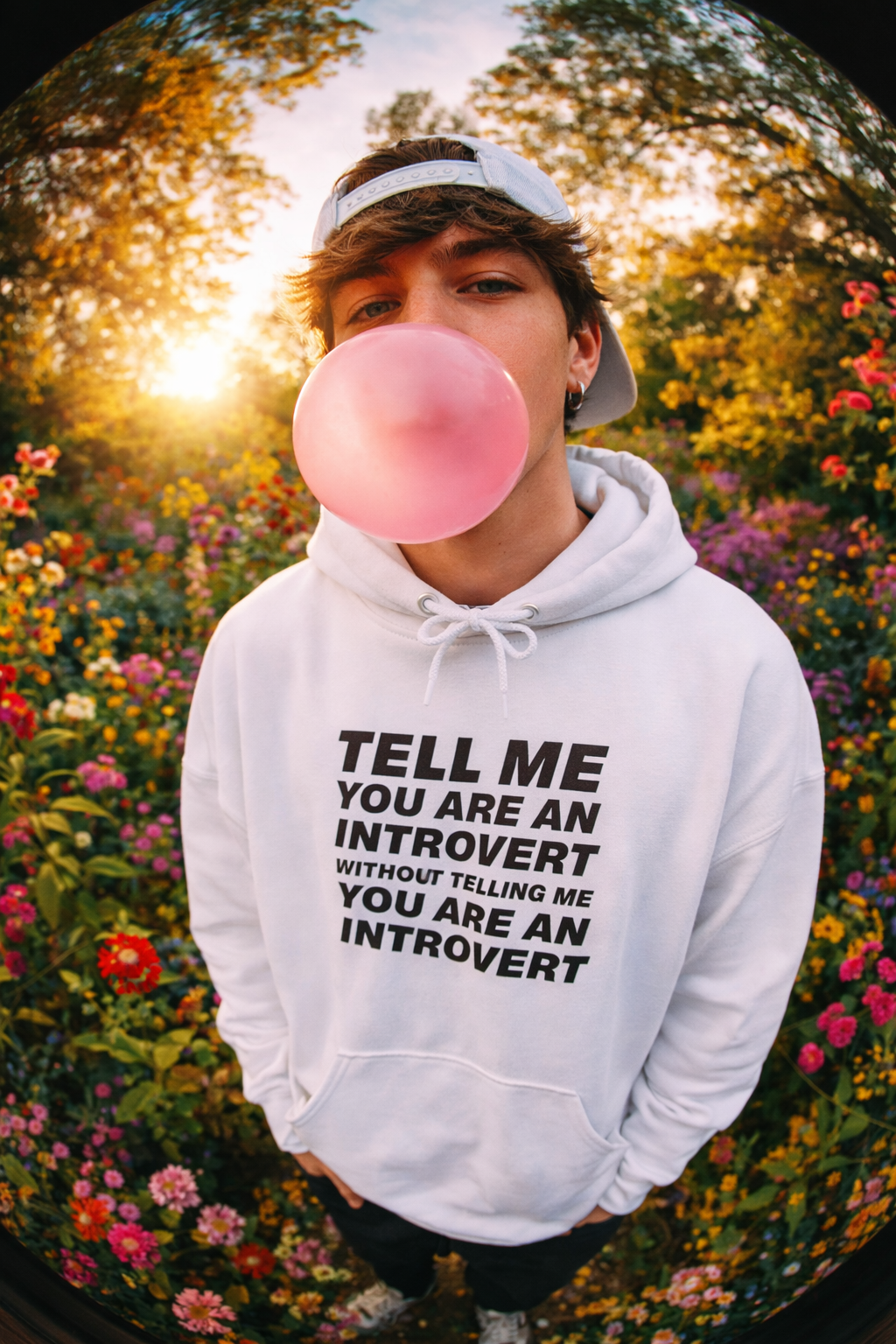 white introvert hoodie model blowing bubble outdoors