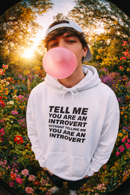 white introvert hoodie model blowing bubble outdoors