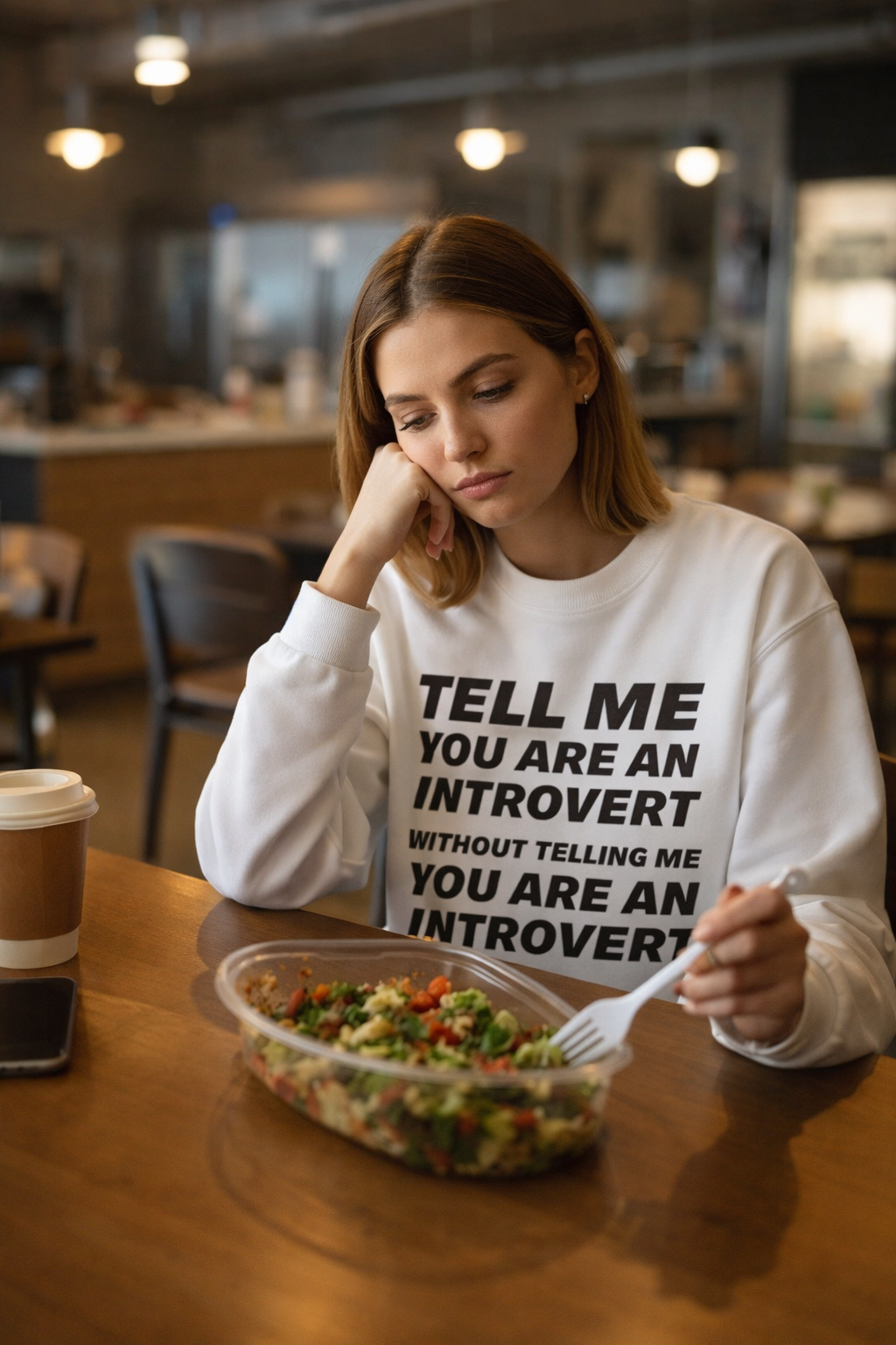 tell me youre an introvert sweatshirt white crewneck female model cafe