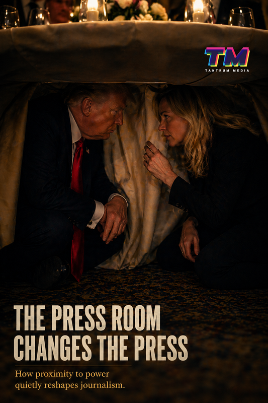 Cinematic editorial image of political figure and journalist whispering under a table at a formal dinner, symbolizing media access, proximity to power, journalism bias, and press and politics dynamics