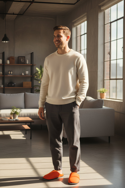 Man wearing bright orange slippers indoors with casual home outfit in living room setting